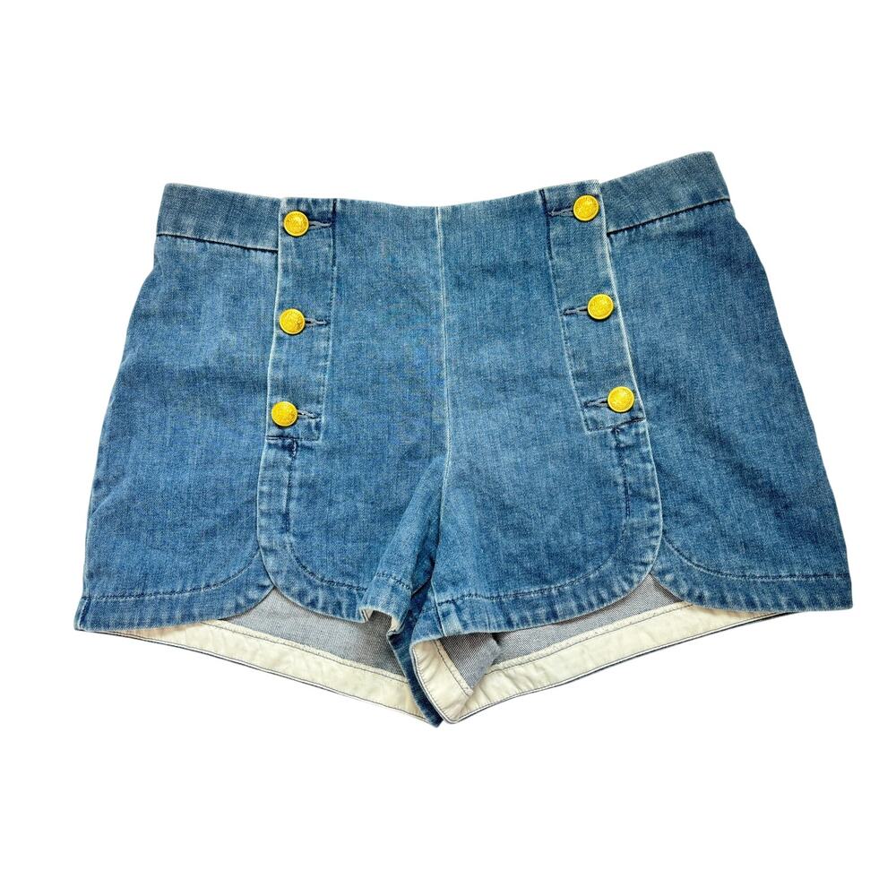 Express Denim Shorts Women Size 14 High Rise Gold Button Blue